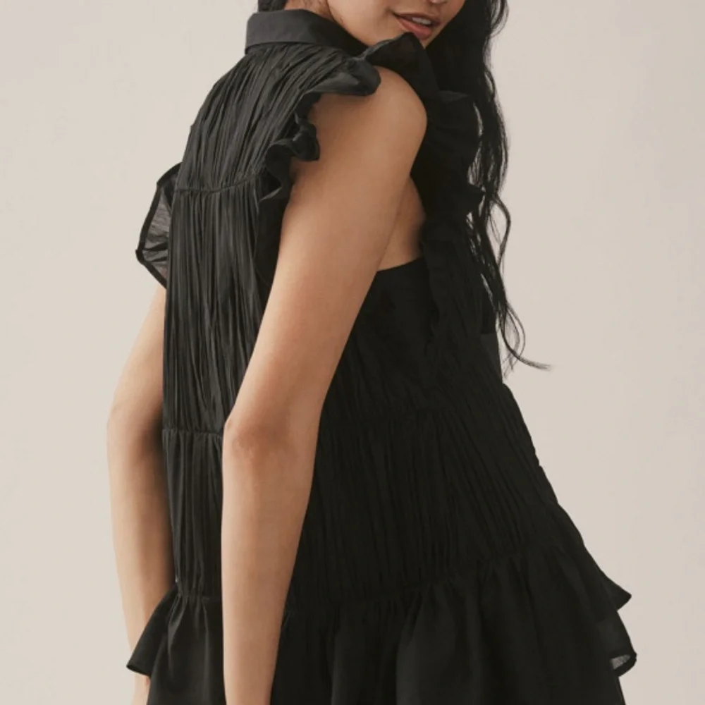 Anthropologie Sleeveless Ruffle Mini Shirt Dress Black Button Cotton Collar NWOT - Picture 3 of 13